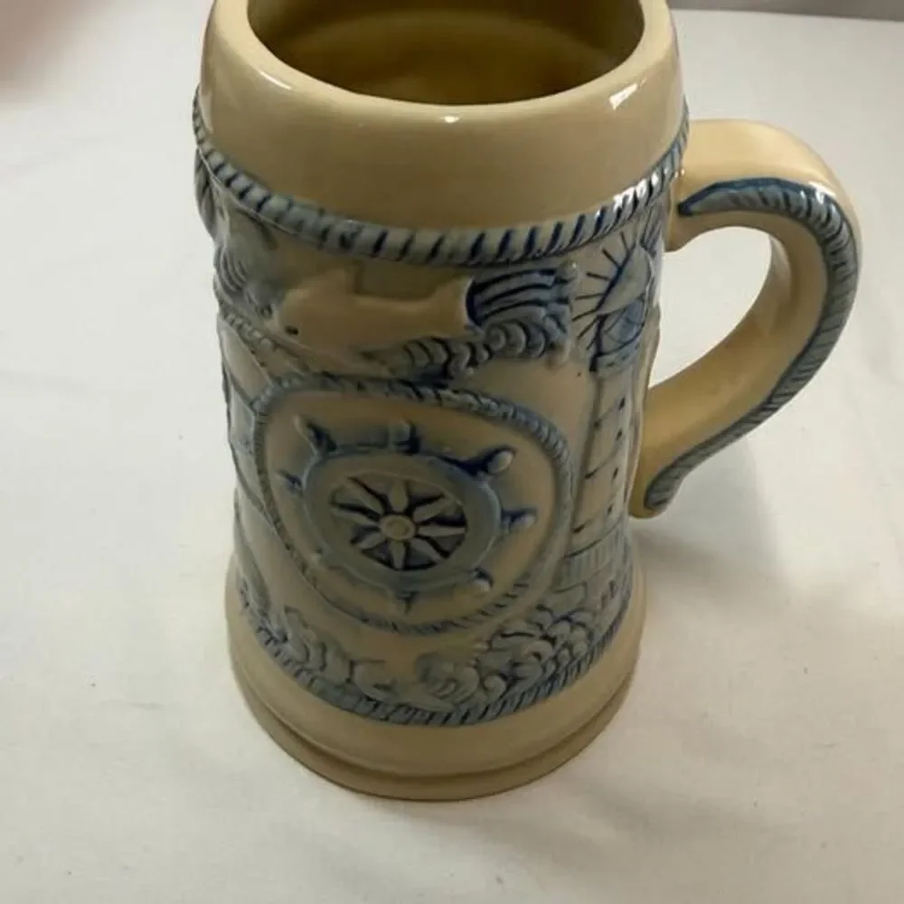Vintage WCL Beer Stein Nautical Lighthouse Fish Shells Buoy Mug Made in China